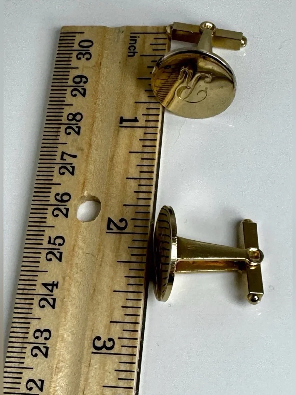 Gold Tone Engraved 'R' Round Men's Cufflinks Bullet Back Custom #1542